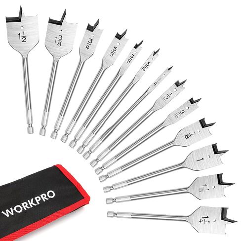 WORKPRO 13-Piece Spade Drill Bit Set in SAE, Paddle Flat Bits for Woodworking, Nylon Storage Pouch Included in Kuwait