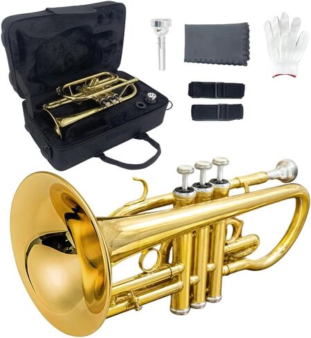 Bb Cornet Brass Instrument, B Flat Nickel Plated with Mouthpiece, Carrying Case, Gloves and Cleaning Cloth, Professional Cornet for Students and Beginners（Golden） in Kuwait