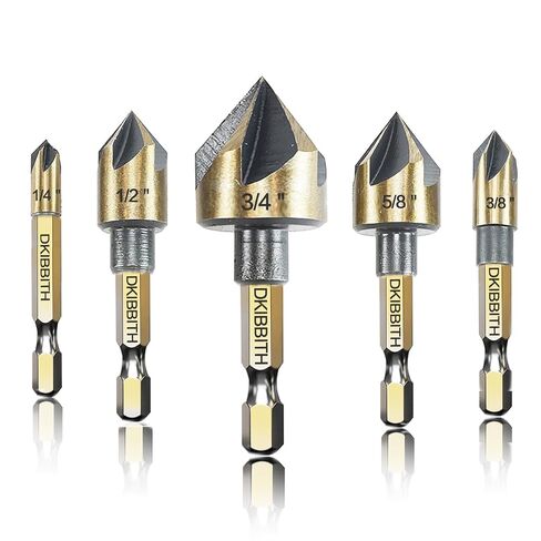 Countersink Drill Bit Set, 5pc, 1/4" Hex Shank, 82 Degree Countersink Holes for Screws to Sit Flush or Under the Surface of Metal Wood Plastic, Sizes 1/4, 3/8, 1/2, 5/8, 3/4 Inches with Storage Case in Kuwait