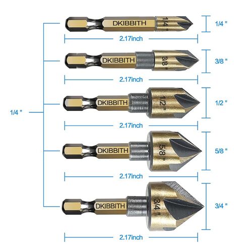 Countersink Drill Bit Set, 5pc, 1/4" Hex Shank, 82 Degree Countersink Holes for Screws to Sit Flush or Under the Surface of Metal Wood Plastic, Sizes 1/4, 3/8, 1/2, 5/8, 3/4 Inches with Storage Case in Kuwait