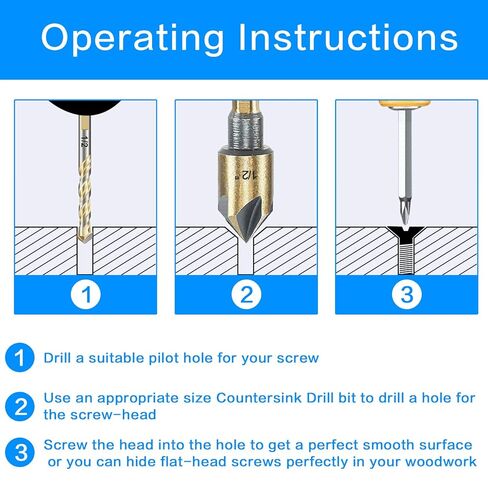 Countersink Drill Bit Set, 5pc, 1/4" Hex Shank, 82 Degree Countersink Holes for Screws to Sit Flush or Under the Surface of Metal Wood Plastic, Sizes 1/4, 3/8, 1/2, 5/8, 3/4 Inches with Storage Case in Kuwait