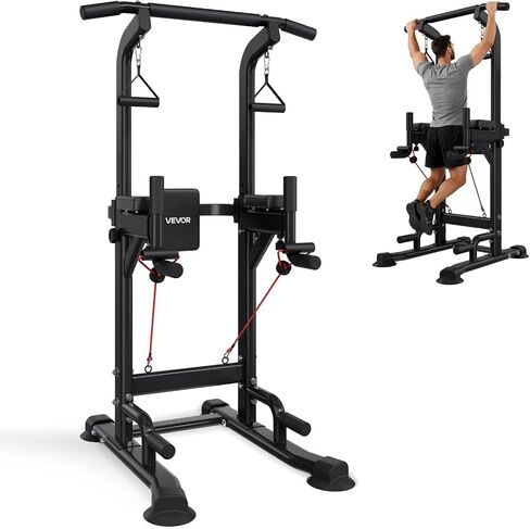 VEVOR Pull Up Bar, 330 LBS Power Tower Dip Station, Workout Dip Station with H-Shaped Stable Base & Back Pad, Adjustable 12 Level Height Free Standing Chin Up Bar for Back, 4-Level Adjustable Back Pad in Kuwait
