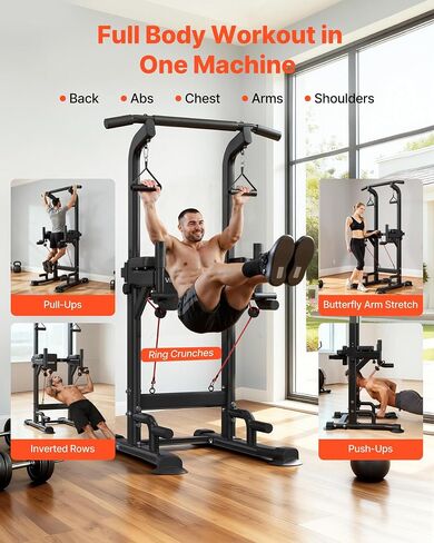 VEVOR Pull Up Bar, 330 LBS Power Tower Dip Station, Workout Dip Station with H-Shaped Stable Base & Back Pad, Adjustable 12 Level Height Free Standing Chin Up Bar for Back, 4-Level Adjustable Back Pad in Kuwait