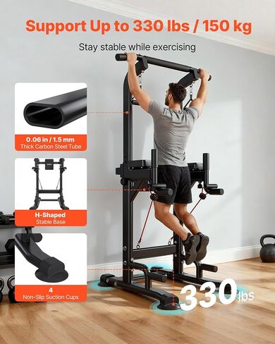 VEVOR Pull Up Bar, 330 LBS Power Tower Dip Station, Workout Dip Station with H-Shaped Stable Base & Back Pad, Adjustable 12 Level Height Free Standing Chin Up Bar for Back, 4-Level Adjustable Back Pad in Kuwait