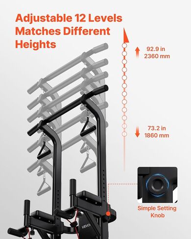 VEVOR Pull Up Bar, 330 LBS Power Tower Dip Station, Workout Dip Station with H-Shaped Stable Base & Back Pad, Adjustable 12 Level Height Free Standing Chin Up Bar for Back, 4-Level Adjustable Back Pad in Kuwait
