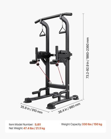 VEVOR Pull Up Bar, 330 LBS Power Tower Dip Station, Workout Dip Station with H-Shaped Stable Base & Back Pad, Adjustable 12 Level Height Free Standing Chin Up Bar for Back, 4-Level Adjustable Back Pad in Kuwait