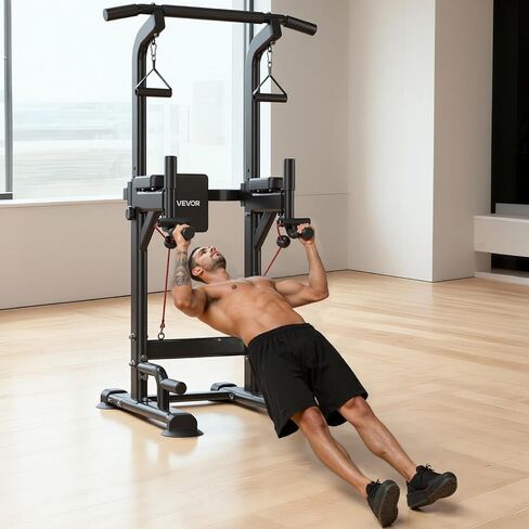 VEVOR Pull Up Bar, 330 LBS Power Tower Dip Station, Workout Dip Station with H-Shaped Stable Base & Back Pad, Adjustable 12 Level Height Free Standing Chin Up Bar for Back, 4-Level Adjustable Back Pad in Kuwait