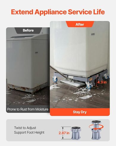VEVOR Mini Fridge Stand, 16’’-25'' Adjustable Dolly Washing Machine Stand Base with 4 Strong Feet, 4 Locking Swivel Wheels, Furniture Mover Mobile Base for Washing Machine, Washer and Dryer in Kuwait