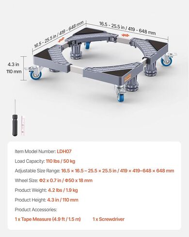 VEVOR Mini Fridge Stand, 16’’-25'' Adjustable Dolly Washing Machine Stand Base with 4 Strong Feet, 4 Locking Swivel Wheels, Furniture Mover Mobile Base for Washing Machine, Washer and Dryer in Kuwait