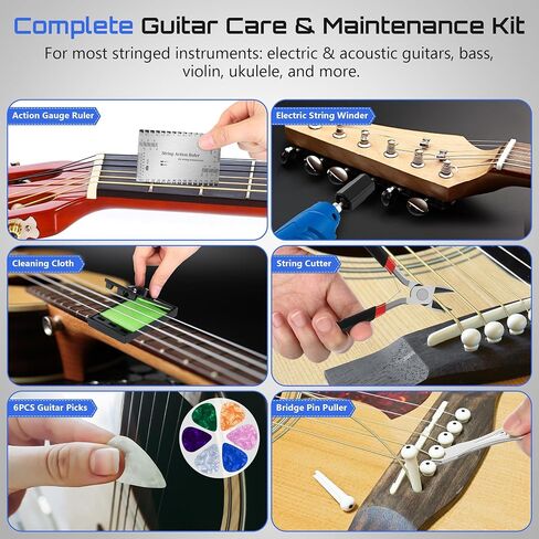 Guitar Tool Set, Rechargeable 200RPM Electric String Winder with LED, String Cutter, Action Gauge Ruler, Bridge Pin Puller, 10 Screwdriver Bits, 6 Guitar Picks & Cleaning Cloth in Kuwait