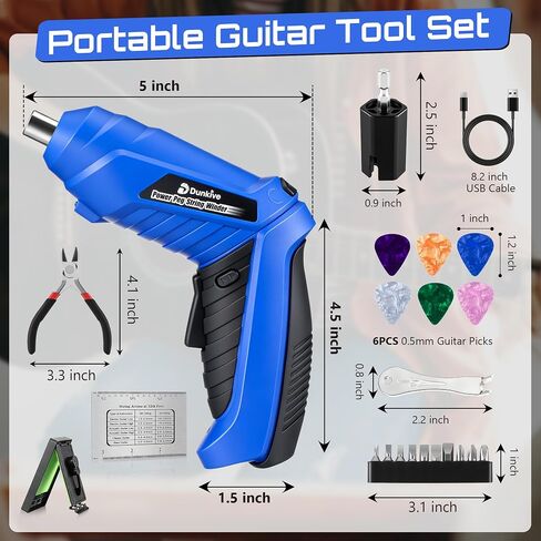 Guitar Tool Set, Rechargeable 200RPM Electric String Winder with LED, String Cutter, Action Gauge Ruler, Bridge Pin Puller, 10 Screwdriver Bits, 6 Guitar Picks & Cleaning Cloth in Kuwait