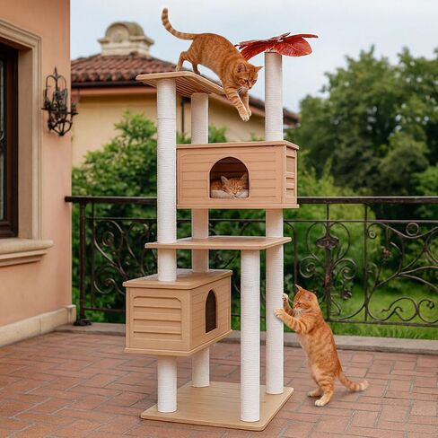 64 Inches Tall Outdoor Weatherproof Multi-Level Cat Tree, Two Cat Condo with PVC Board and Cat Scratching Posts, for Outside and Indoor Cat Houses in Saudi Arabia
