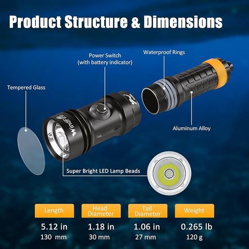 WINDFIRE Dive Light, Super Bright Scuba Diving Flashlight Rechargeable with Power Indicator, IP68 Waterproof 197 ft Depth Underwater Torch for Snorkeling, Night Diving, Caving in Kuwait