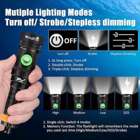 WINDFIRE Dive Light, Super Bright Scuba Diving Flashlight Rechargeable with Power Indicator, IP68 Waterproof 197 ft Depth Underwater Torch for Snorkeling, Night Diving, Caving in Kuwait