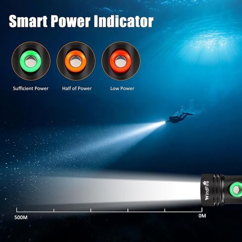WINDFIRE Dive Light, Super Bright Scuba Diving Flashlight Rechargeable with Power Indicator, IP68 Waterproof 197 ft Depth Underwater Torch for Snorkeling, Night Diving, Caving in Kuwait