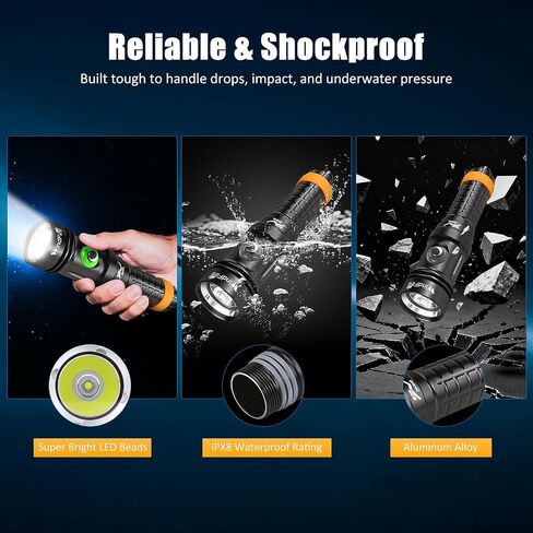 WINDFIRE Dive Light, Super Bright Scuba Diving Flashlight Rechargeable with Power Indicator, IP68 Waterproof 197 ft Depth Underwater Torch for Snorkeling, Night Diving, Caving in Kuwait