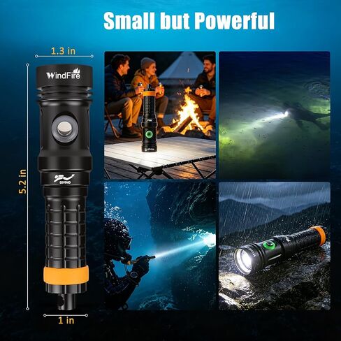 WINDFIRE Dive Light, Super Bright Scuba Diving Flashlight Rechargeable with Power Indicator, IP68 Waterproof 197 ft Depth Underwater Torch for Snorkeling, Night Diving, Caving in Kuwait