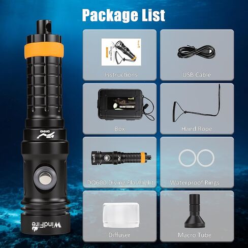 WINDFIRE Dive Light, Super Bright Scuba Diving Flashlight Rechargeable with Power Indicator, IP68 Waterproof 197 ft Depth Underwater Torch for Snorkeling, Night Diving, Caving in Kuwait