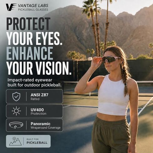 Vantage Labs The Vue Pickleball Glasses | ColorVue Ball Tracking Lens | ANSI Z87 Impact Rated | Panoramic Field of View | Anti-Fog Sports Eyewear for Indoor & Outdoor Play - Phantom Black Frame in Kuwait