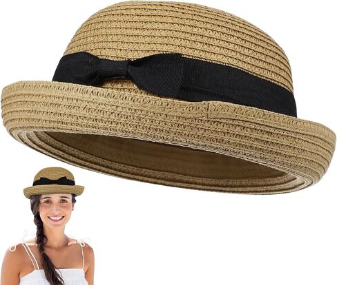 VILLCASE Women Straw Sun Hat with Bowknot Roll-up Wide Brim Dome Design Summer Beach Hat for Outdoor Travel Lightweight and Flexible Free Size Fits Most Khaki in Kuwait