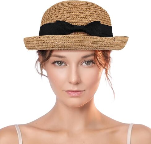 VILLCASE Women Straw Sun Hat with Bowknot Roll-up Wide Brim Dome Design Summer Beach Hat for Outdoor Travel Lightweight and Flexible Free Size Fits Most Khaki in Kuwait