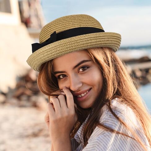 VILLCASE Women Straw Sun Hat with Bowknot Roll-up Wide Brim Dome Design Summer Beach Hat for Outdoor Travel Lightweight and Flexible Free Size Fits Most Khaki in Kuwait