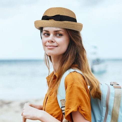 VILLCASE Women Straw Sun Hat with Bowknot Roll-up Wide Brim Dome Design Summer Beach Hat for Outdoor Travel Lightweight and Flexible Free Size Fits Most Khaki in Kuwait