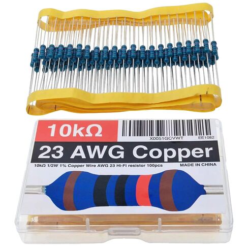 مقاوم 1 كيلو أوم 23 AWG سلك نحاسي 1 كيلو أوم 1/2 وات 1% مقاوم غشاء معدني عالي الدقة 0.55 مم رصاص غير مغناطيسي، مقاومة منخفضة للضوضاء، لوحة توصيل صوتية، قياسات دقيقة للبناء (100 قطعة) in Kuwait