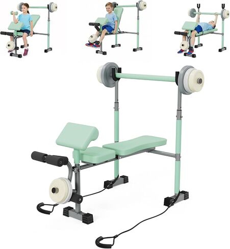 Kids Workout Equipment, Adjustable Kids Workout Bench with Preacher Pad & Leg Developer, Fillable Weight Plates for Home Gym Fitness & Exercise in Kuwait