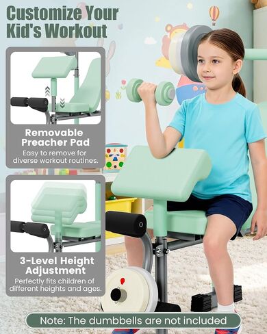 Kids Workout Equipment, Adjustable Kids Workout Bench with Preacher Pad & Leg Developer, Fillable Weight Plates for Home Gym Fitness & Exercise in Kuwait