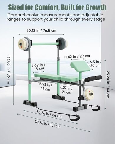 Kids Workout Equipment, Adjustable Kids Workout Bench with Preacher Pad & Leg Developer, Fillable Weight Plates for Home Gym Fitness & Exercise in Kuwait