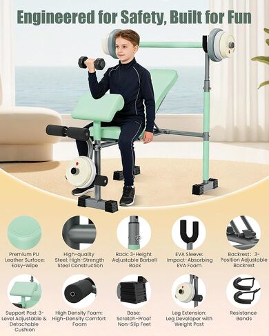 Kids Workout Equipment, Adjustable Kids Workout Bench with Preacher Pad & Leg Developer, Fillable Weight Plates for Home Gym Fitness & Exercise in Kuwait