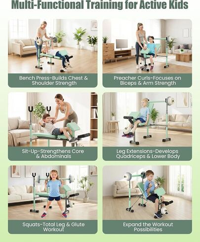 Kids Workout Equipment, Adjustable Kids Workout Bench with Preacher Pad & Leg Developer, Fillable Weight Plates for Home Gym Fitness & Exercise in Kuwait