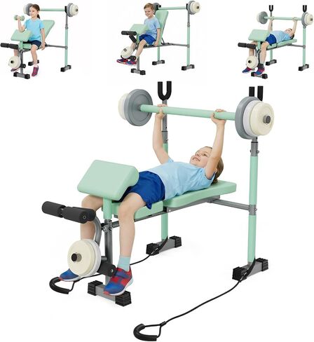Kids Workout Equipment, Adjustable Kids Workout Bench with Preacher Pad & Leg Developer, Fillable Weight Plates for Home Gym Fitness & Exercise in Kuwait