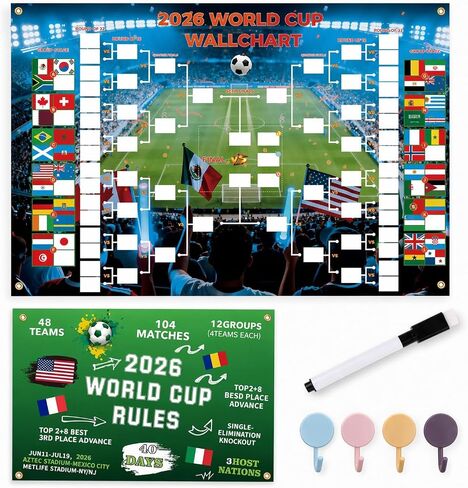 مخطط ملصق جدول كأس العالم 2026 مقاس 35.5 بوصة × 24 بوصة، مخطط قوس ملء ورقة واحدة مع قلم تحديد و4 خطافات لاصقة | تقويم حائط كبير لكرة القدم لمكتب البار المنزلي، هدية رائعة لمحبي كرة القدم لحفلة يوم اللعبة in Kuwait