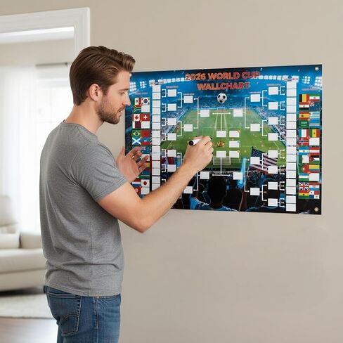 مخطط ملصق جدول كأس العالم 2026 مقاس 35.5 بوصة × 24 بوصة، مخطط قوس ملء ورقة واحدة مع قلم تحديد و4 خطافات لاصقة | تقويم حائط كبير لكرة القدم لمكتب البار المنزلي، هدية رائعة لمحبي كرة القدم لحفلة يوم اللعبة in Kuwait