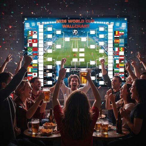 مخطط ملصق جدول كأس العالم 2026 مقاس 35.5 بوصة × 24 بوصة، مخطط قوس ملء ورقة واحدة مع قلم تحديد و4 خطافات لاصقة | تقويم حائط كبير لكرة القدم لمكتب البار المنزلي، هدية رائعة لمحبي كرة القدم لحفلة يوم اللعبة in Kuwait