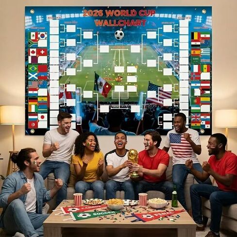 مخطط ملصق جدول كأس العالم 2026 مقاس 35.5 بوصة × 24 بوصة، مخطط قوس ملء ورقة واحدة مع قلم تحديد و4 خطافات لاصقة | تقويم حائط كبير لكرة القدم لمكتب البار المنزلي، هدية رائعة لمحبي كرة القدم لحفلة يوم اللعبة in Kuwait