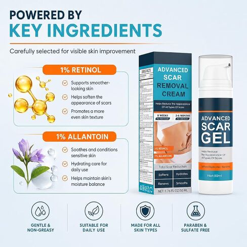 Scar Cream, Advanced Scar Gel for Old & New Scars, Professional Scar Removal Cream For Surgical Scars, Face, Body, Leg, Acne, Stitches, Burns, C-Section, Keloids, 1.76oz in Saudi Arabia