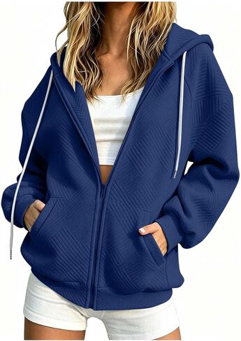 Oversized Hoodies for Women Full Zip Up Long Sleeve Sweatshirt Coats | Drawstring Hooded Jacket with Pockets, Fall Winter Long Sleeve Textured Outerwear, Casual Loose Fit Streetwear Coat in Kuwait