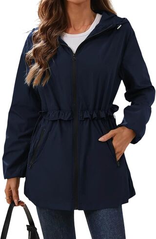Women's Mid Length Hooded Rain Coats Zip Up Long Sleeve Jackets | Fashion Drawstring Waist Jacket with Zipper Pockets, Soft Cozy Breathable Fabric, Outdoor Hiking Camping Travel Outerwear in Kuwait
