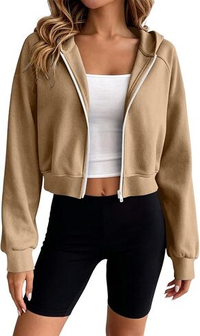 Womens Cropped Zip Up Hoodie Lightweight Long Sleeve Sweatshirt Coat | Full Zipper Long Sleeve Crop Jackets, Raglan Sleeves Loose Fit Workout Outerwear, Fall Outfits Casual Comfy Y2k Tops in Kuwait