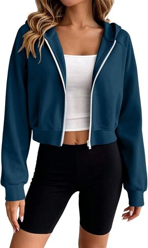 Womens Cropped Zip Up Hoodie Lightweight Long Sleeve Sweatshirt Coat | Full Zipper Long Sleeve Crop Jackets, Raglan Sleeves Loose Fit Workout Outerwear, Fall Outfits Casual Comfy Y2k Tops in Kuwait