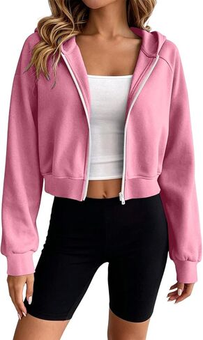 Womens Cropped Zip Up Hoodie Lightweight Long Sleeve Sweatshirt Coat | Full Zipper Long Sleeve Crop Jackets, Raglan Sleeves Loose Fit Workout Outerwear, Fall Outfits Casual Comfy Y2k Tops in Kuwait