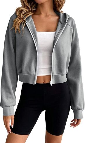 Womens Cropped Zip Up Hoodie Lightweight Long Sleeve Sweatshirt Coat | Full Zipper Long Sleeve Crop Jackets, Raglan Sleeves Loose Fit Workout Outerwear, Fall Outfits Casual Comfy Y2k Tops in Kuwait
