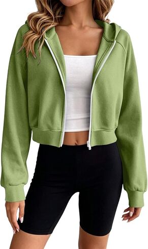 Womens Cropped Zip Up Hoodie Lightweight Long Sleeve Sweatshirt Coat | Full Zipper Long Sleeve Crop Jackets, Raglan Sleeves Loose Fit Workout Outerwear, Fall Outfits Casual Comfy Y2k Tops in Kuwait