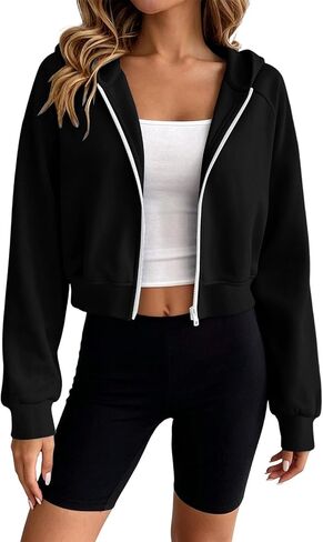 Womens Cropped Zip Up Hoodie Lightweight Long Sleeve Sweatshirt Coat | Full Zipper Long Sleeve Crop Jackets, Raglan Sleeves Loose Fit Workout Outerwear, Fall Outfits Casual Comfy Y2k Tops in Kuwait