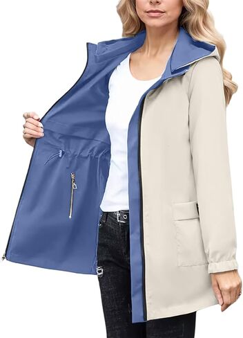 Womens Hooded Windbreaker Jackets 2026 Fall Trendy Zip Up Coats | Waterproof Long Lightweight Trench Coat, Reversible Two Tone Jacket with Pockets, Outdoor Hiking Travel Outerwear in Kuwait