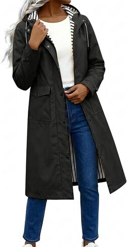 Womens Long Hooded Raincoats Waterproof Zip Up Long Sleeve Coats | Striped Lined Drawstring Waist Snap Button Jackets, Windproof Lightweight Rain Coat, Outdoor Travel Outerwear Clothes in Kuwait