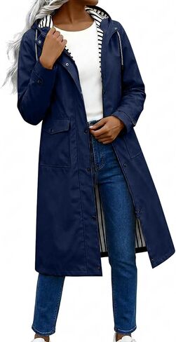 Womens Long Hooded Raincoats Waterproof Zip Up Long Sleeve Coats | Striped Lined Drawstring Waist Snap Button Jackets, Windproof Lightweight Rain Coat, Outdoor Travel Outerwear Clothes in Kuwait